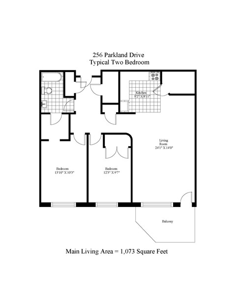 Floor plan for 2 beds, 1 bath, 1096 sqft